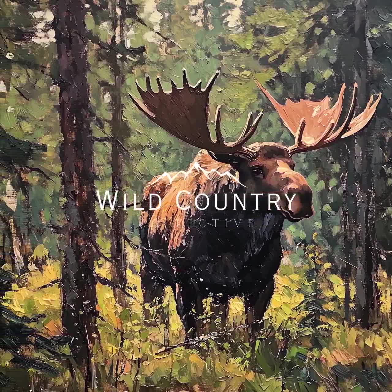 アンティークの隠れたヘラジカの絵画、森の風景画、キャビンの装飾